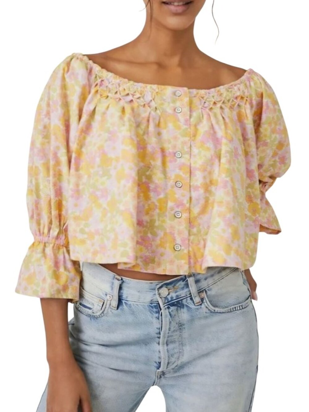 Free People James Smocked Off The Shoulder Cropped Blouse Floral Size XS